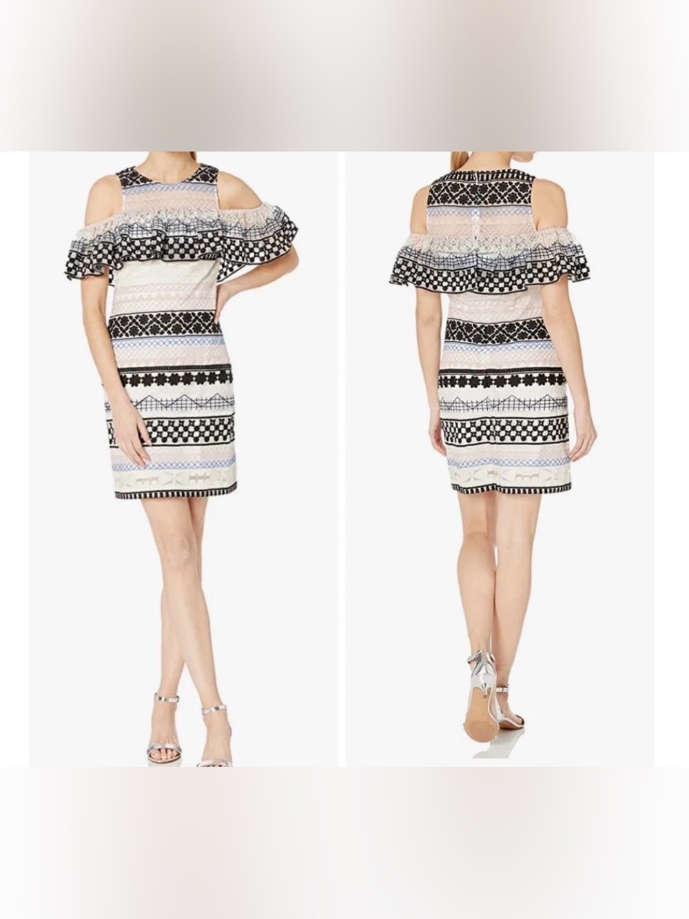 Parker Layered Lace Embroidered Sleeveless Mini Dress Black & Cream Size Medium